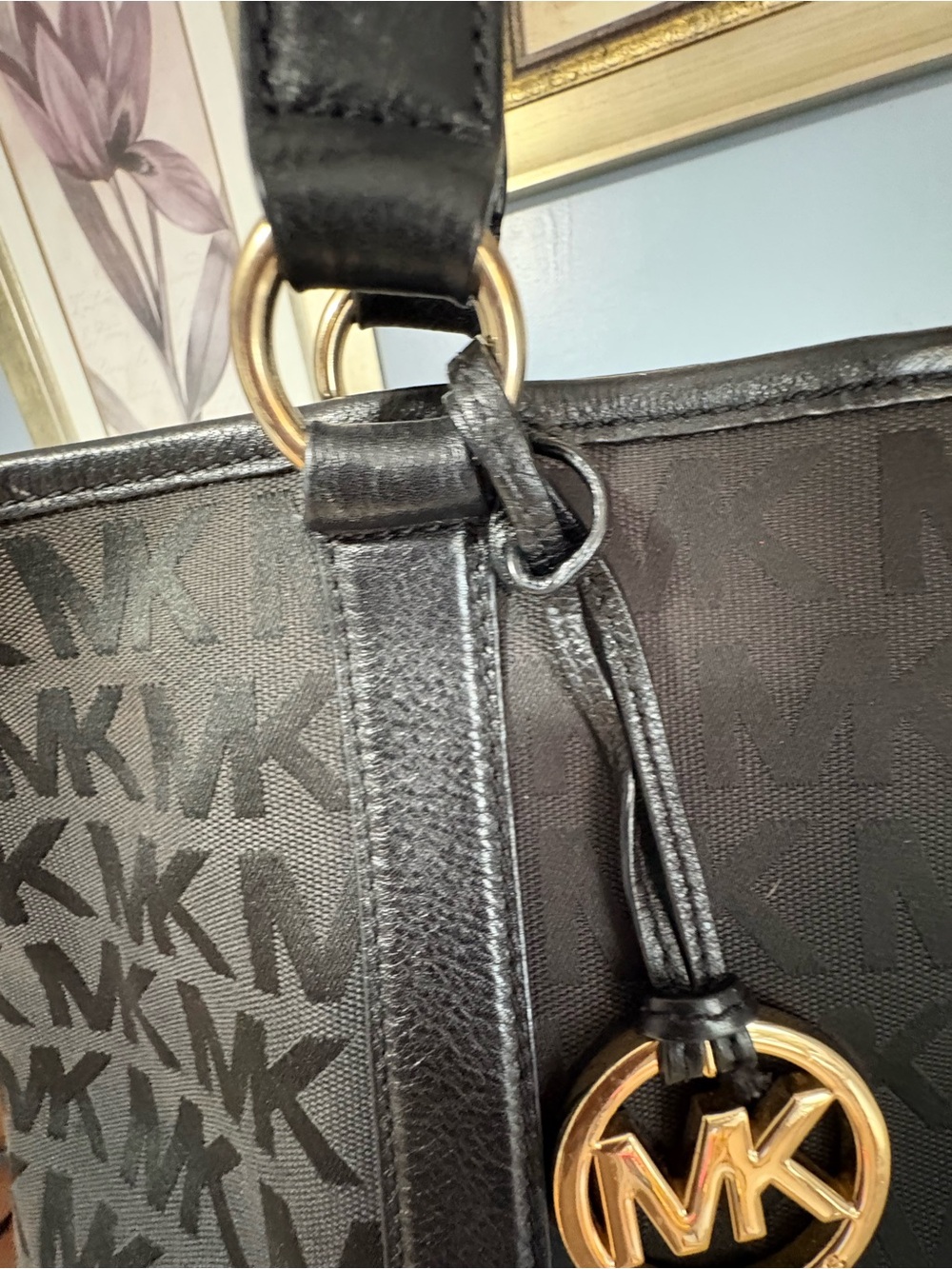 Michael Kors Black Logo Jacquard Tote with Gold MK Charm - Picture 3 of 8